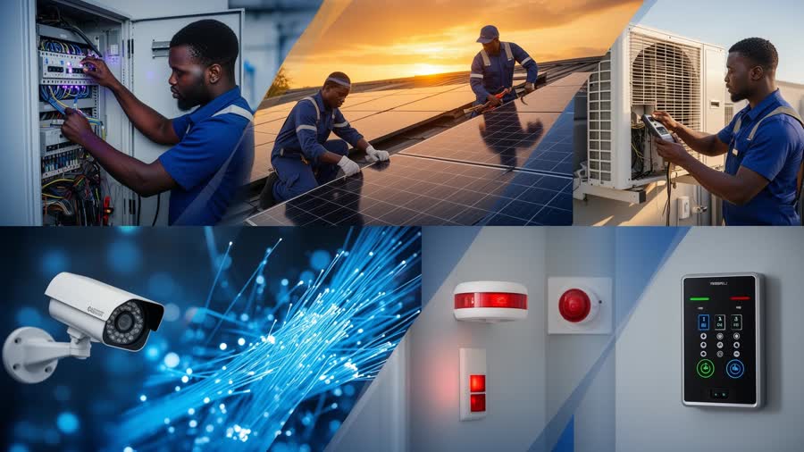 Aperçu de tous nos services : électricité, solaire, climatisation, réseaux et sécurité électronique